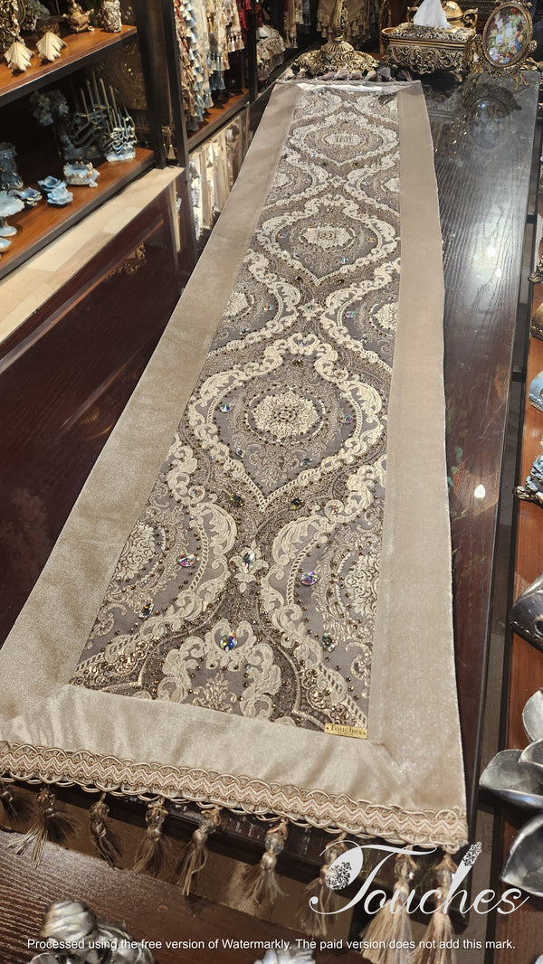 Luxurious Dusty Blue Table Runner with Swarovski Crystals – 220cm x 47cm