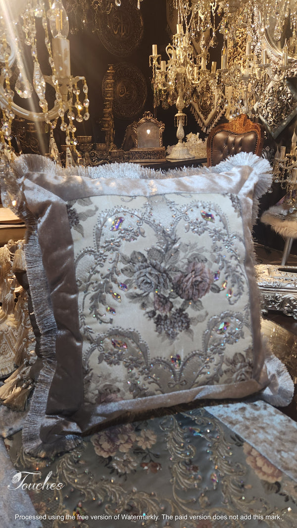 Luxury Silver Gobelin Cushion with Swarovski Crystals