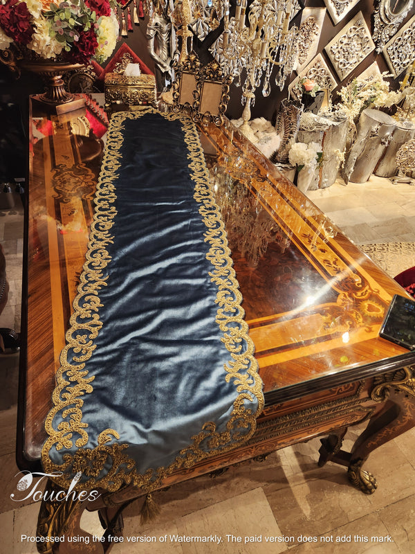 Deep Blue Luxurious Table Runner with Exquisite Silk Embroidery