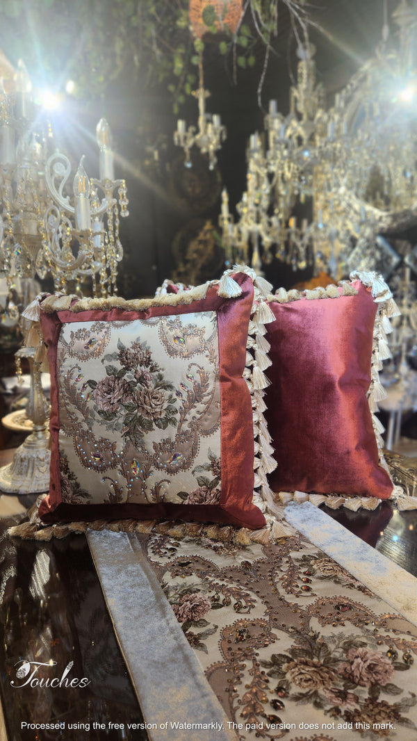 Luxury Brick Red Gobelin Cushions with Genuine Swarovski Crystals (Multiple Sizes)