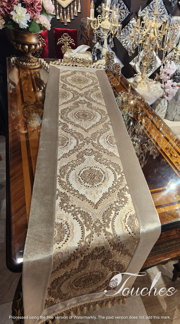 Luxurious Beige and Brown Table Runner with Soft Swarovski Crystals – 220cm x 48cm