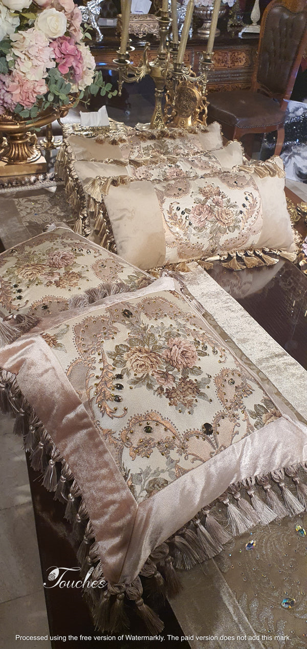 Luxurious Beige Gobelin Cushions with Swarovski Crystals