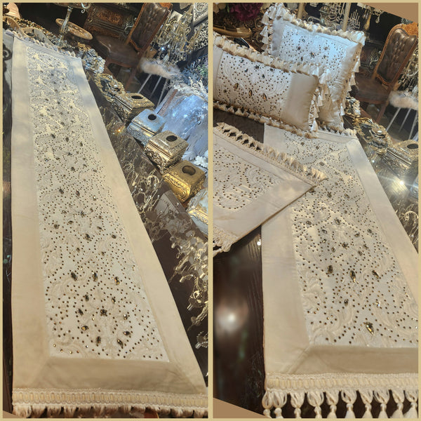 Opulent Gold-Embroidered & Swarovski Crystal Table Runner Collection with Optional Cushions