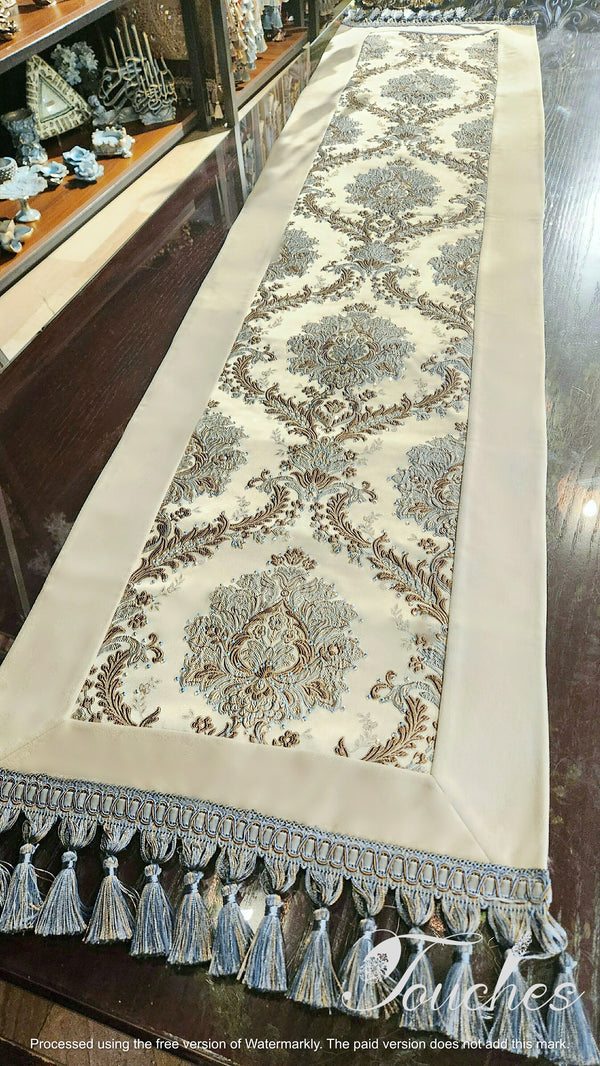 Luxurious Handmade Champagne Beige and Light Blue Table Runner with Soft Swarovski Crystals – 220cm x 48cm