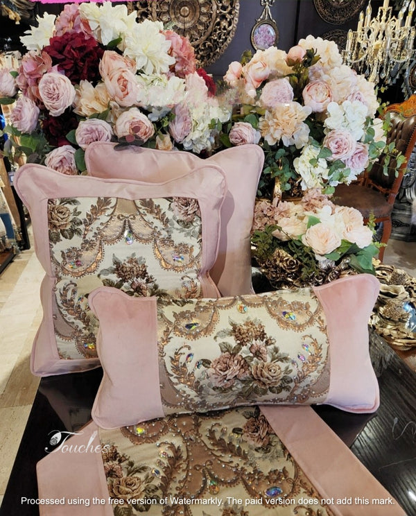 Exquisite Light Pink Gobelin and Velvet Cushions with Swarovski Crystals