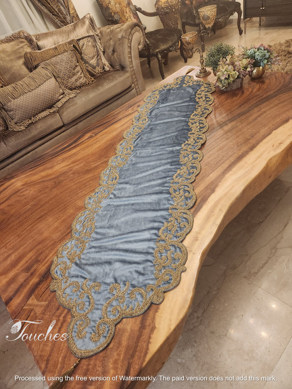 Elegant Blue Table Runner with Handcrafted Silk Embroidery – Perfect for Any Occasion