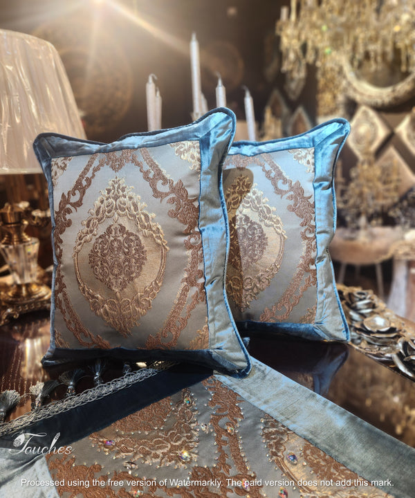 Luxury Blue Cushions with Brown Embroidery