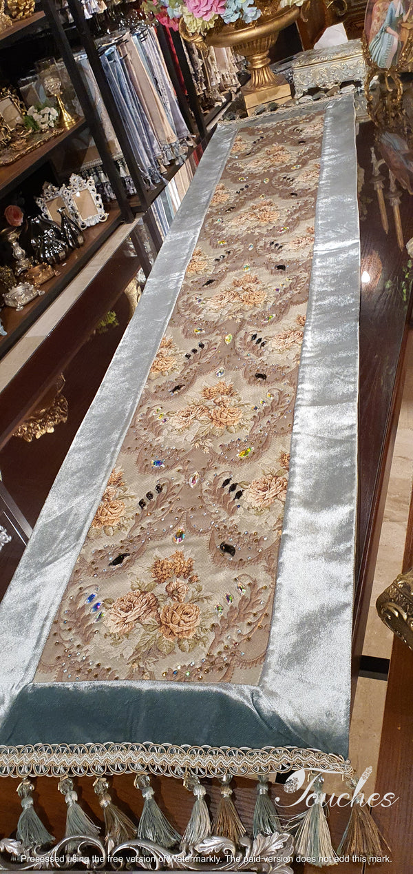 Luxurious  Handmade Gobelin Turquoise Table Runner with Swarovski Crystals – 220cm x 48cm