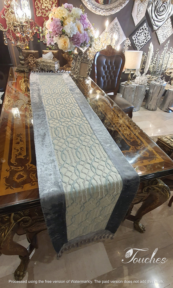 Luxurious Sky Blue and Silver Table Runner Embroidered with Silk Threads – 220cm x 48cm