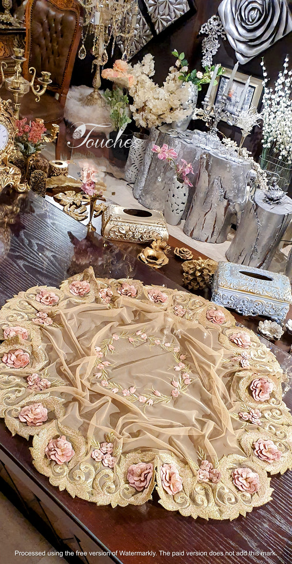 Luxurious Round Table Cover in Gold and Pink with Exquisite Silk Embroidery – 118cm Diameter