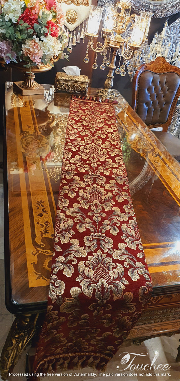 Handmade Burgundy and Gold Table Runner – 200cm x 32cm