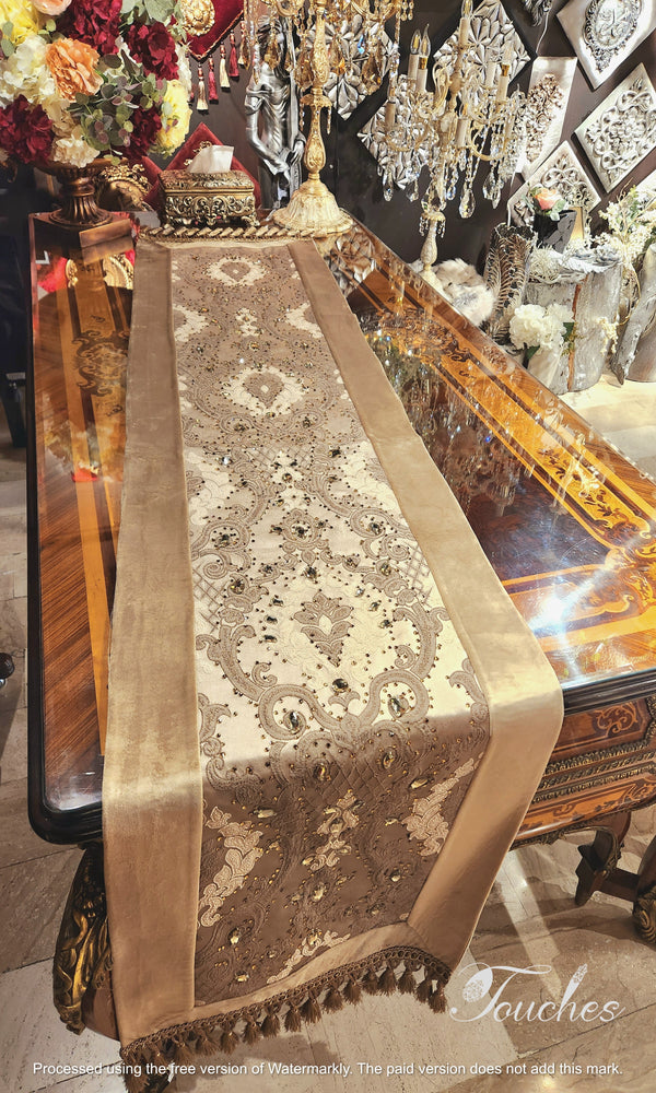 Luxurious Bronze and Light Brown Table Runner with Swarovski Crystals – 220cm x 48cm