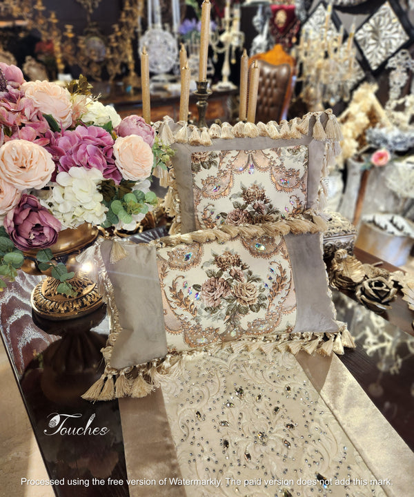 Luxurious Gobelin Cushions in Beige and Burgundy with Swarovski Crystals