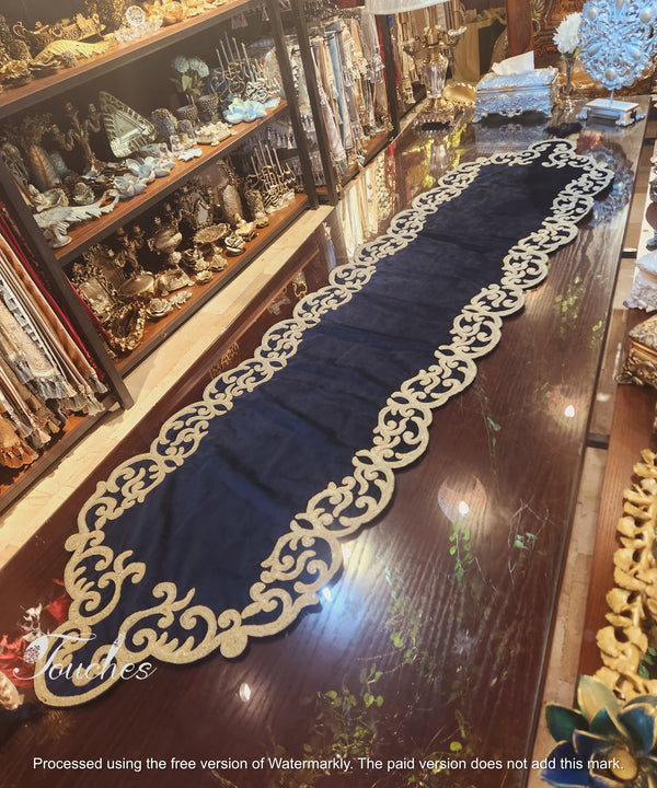 Luxurious Navy Blue Table Runner with Handcrafted Silk Embroidery