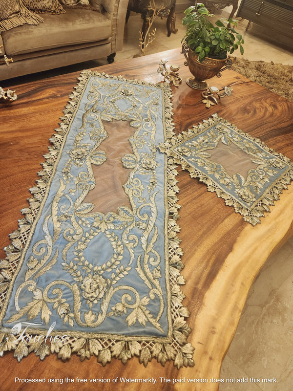 Handcrafted Luxurious Table Cover Set with Silk Embroidery