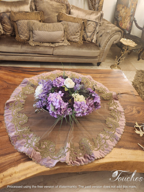 Handcrafted Light Purple Round Table Cover with Luxurious Silk Embroidery – 117cm Diameter