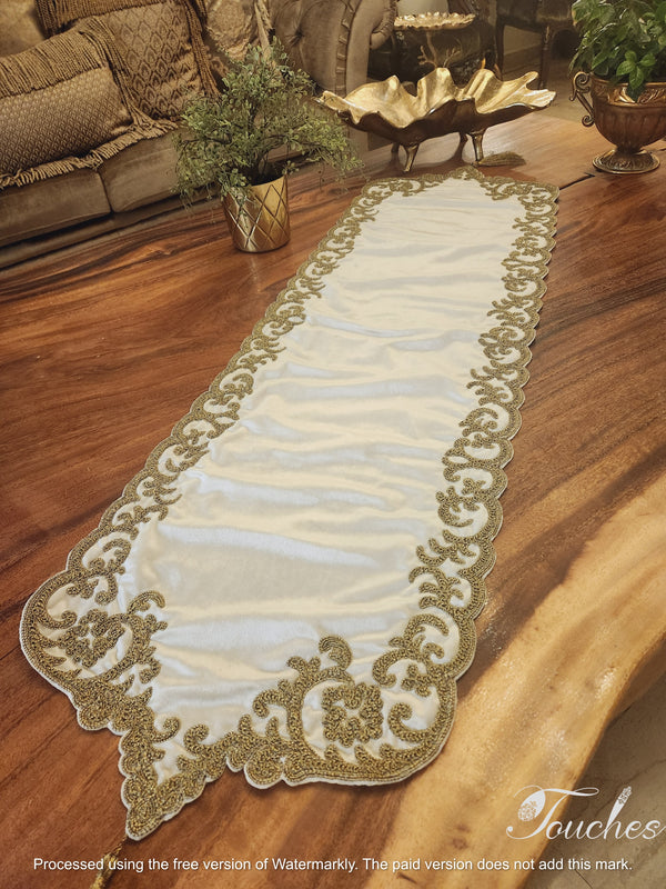 Handcrafted Beige Table Runner with Luxurious Silk Embroidery – 190cm x 50cm