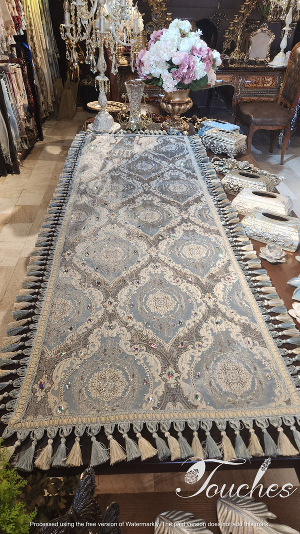 Handmade Blue Swarovski Crystal Embellished Tablecloth - 210cm x 70cm