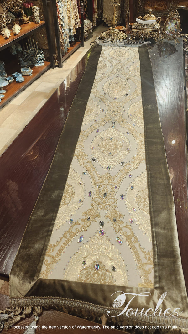 Luxurious Gold and Olive Green Table Runner with Swarovski Crystals – 220cm x 47cm