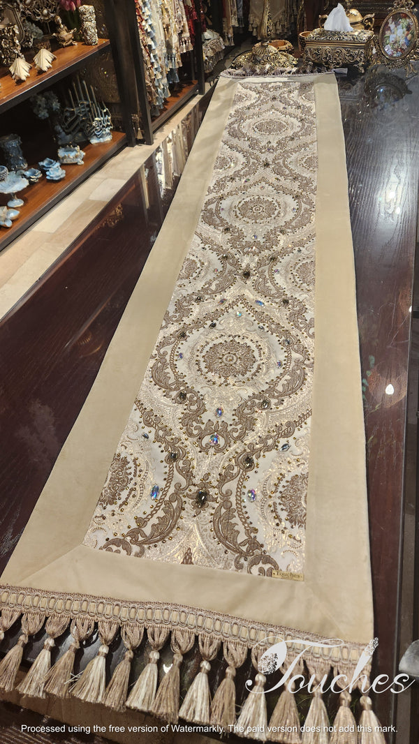 Handmade Beige and Brown Table Runner with Swarovski Crystals – 220cm x 47cm