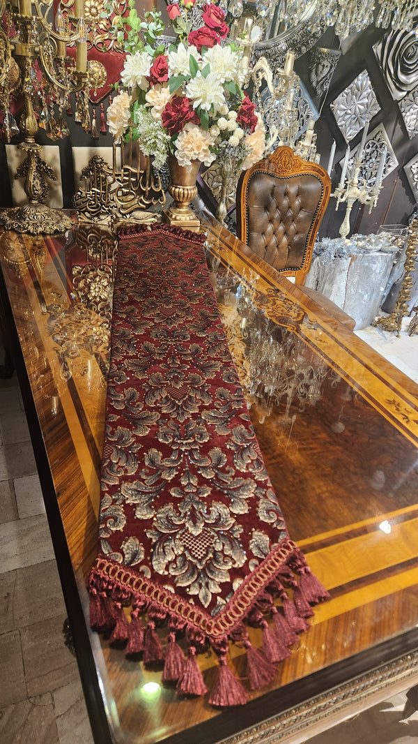 Elegant Burgundy Table Runner with Swarovski Crystals