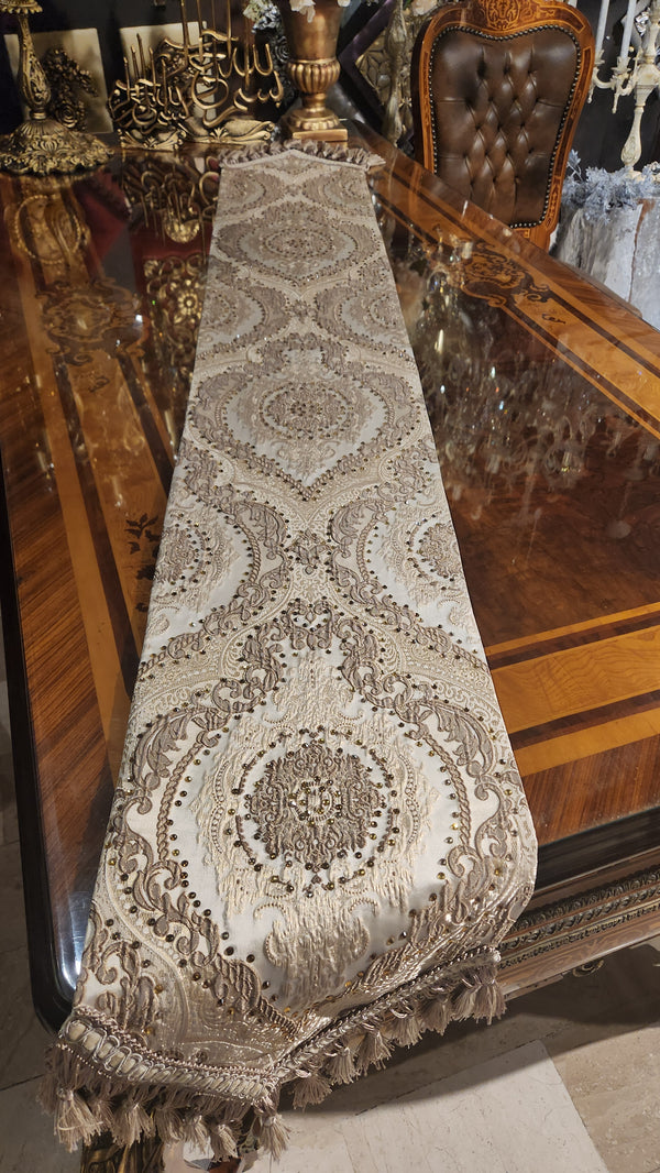 Elegant Beige and Light Brown Table Runner with Swarovski Crystals