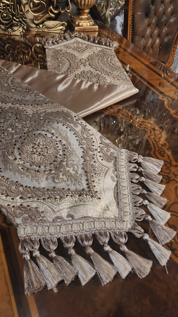 Elegant Beige and Light Brown Table Runner with Swarovski Crystals