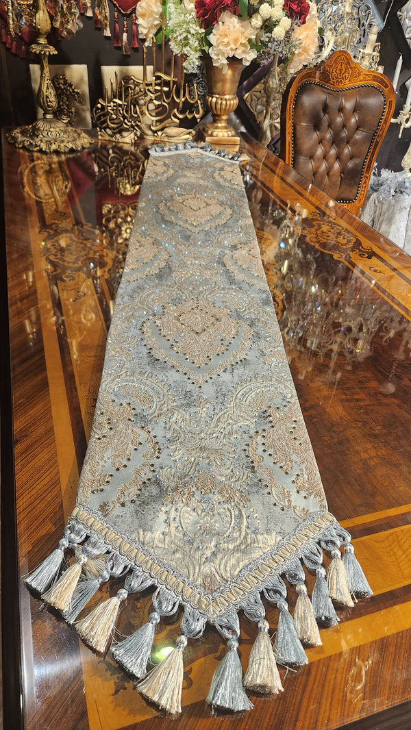 Elegant Blue & Bronze Table Runner with Swarovski Crystals