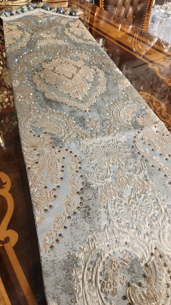 Elegant Blue & Bronze Table Runner with Swarovski Crystals