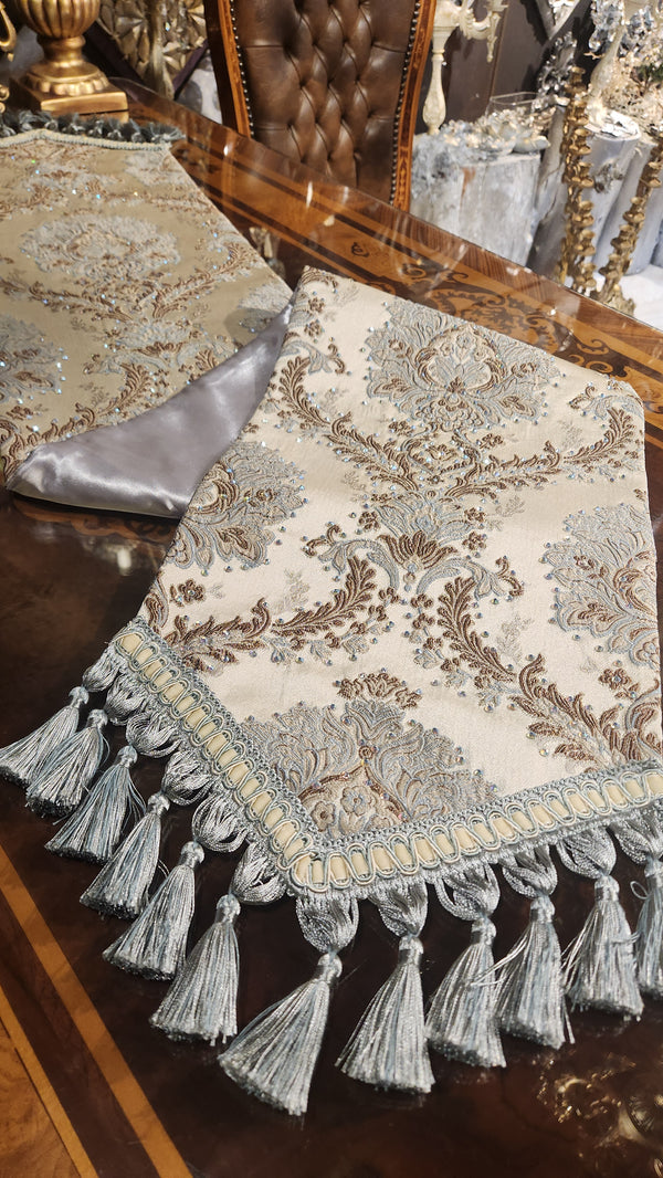 Exquisite Off-White Table Runner with Blue and Light Brown Embroidery and Swarovski Crystals