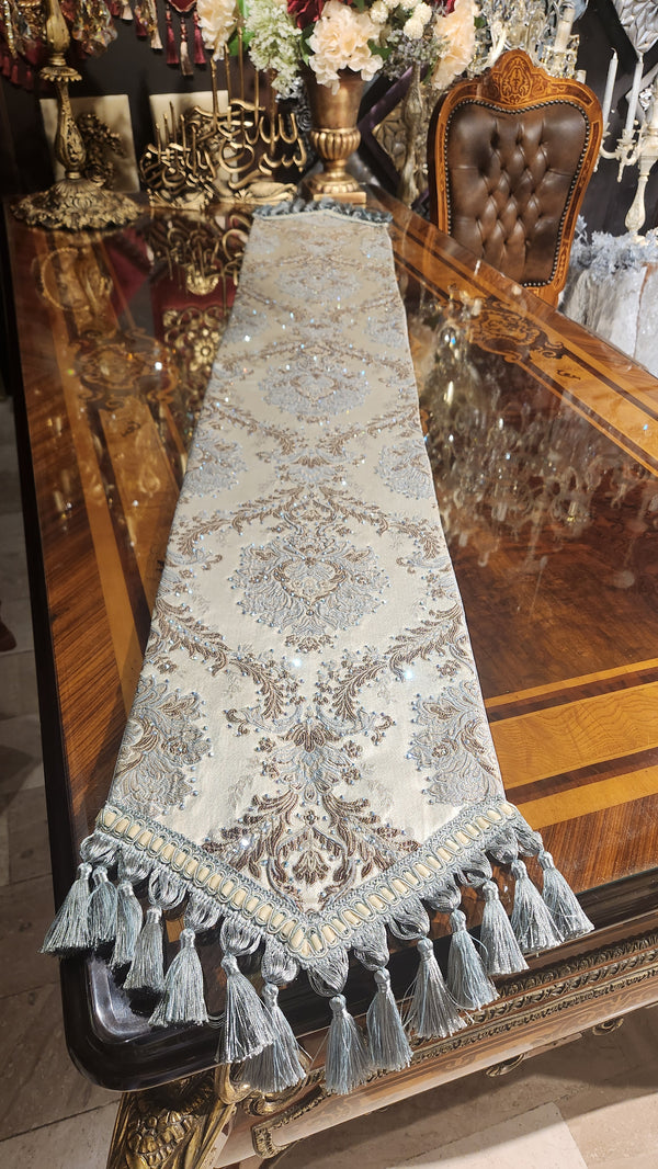 Exquisite Off-White Table Runner with Blue and Light Brown Embroidery and Swarovski Crystals