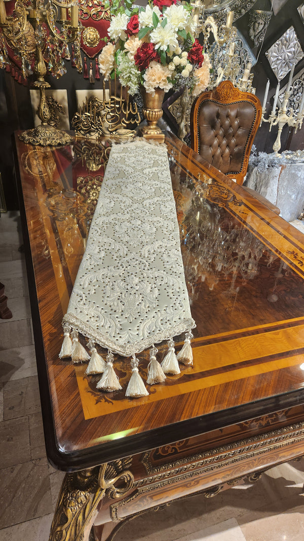 Delicate Off-White Table Runner with Gold Embroidery and Swarovski Crystals