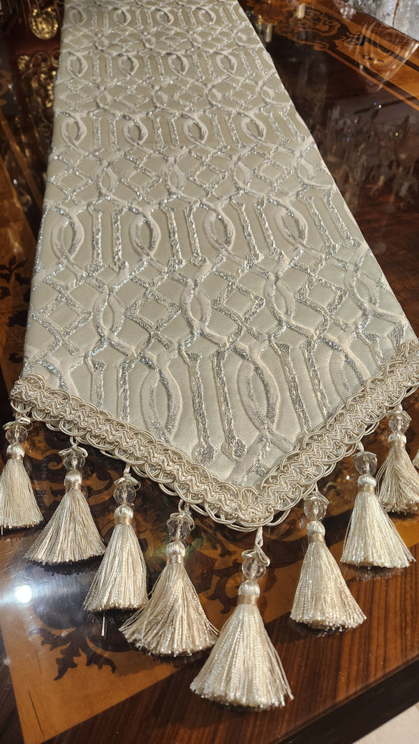 Luxurious Silver & Off-White Handmade Table Runner