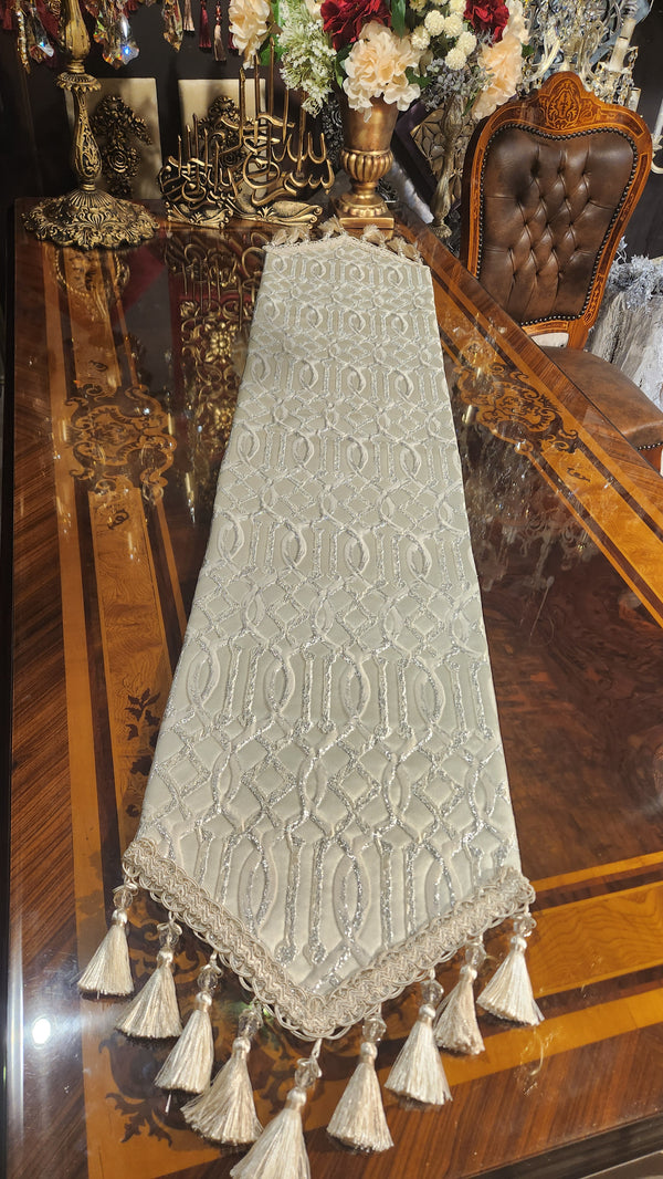 Luxurious Silver & Off-White Handmade Table Runner