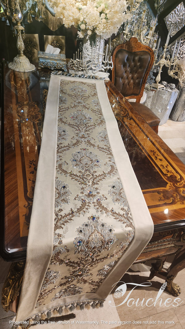 Handmade Beige Table Runner with Blue & Brown Embroidery and Swarovski Crystals – 220cm x 47cm