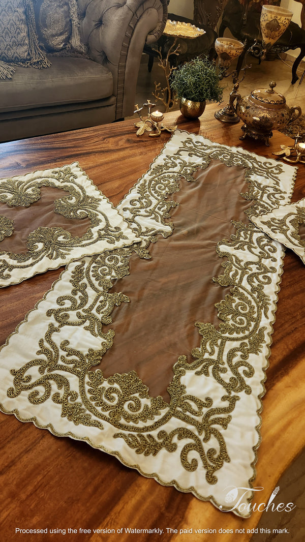 Handcrafted Table Cover Set with Exquisite Silk Embroidery – 120cm x 50cm + 2 (40cm x 40cm)