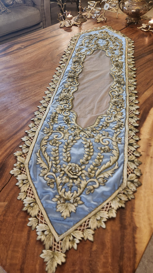 Luxurious Blue Table Runner with Exquisite Silk Embroidery – Handcrafted Elegance