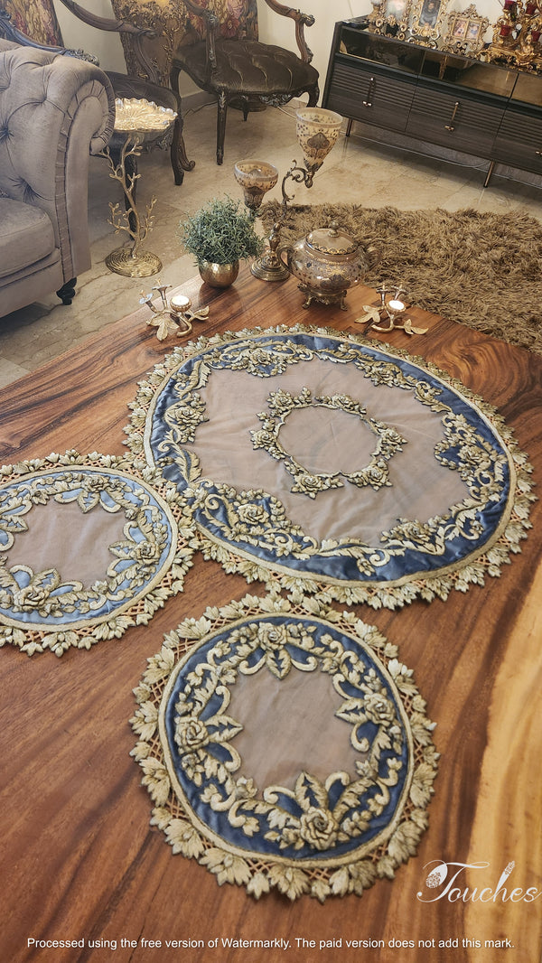 Luxurious Blue and Gold Hand-Embroidered Table Cover Set