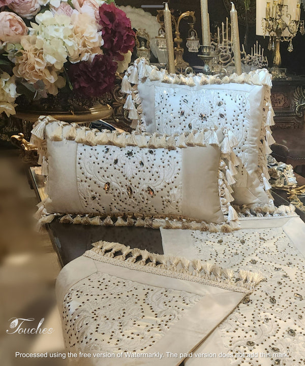 Luxury Off-White and Beige Gold Cushions with Swarovski Crystals and Hand-Embroidered Cirma