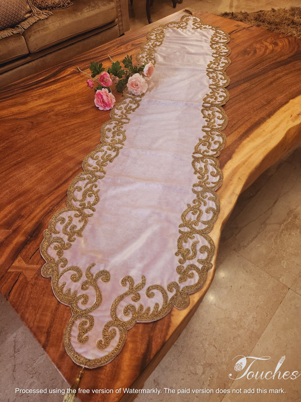 Handcrafted Pink Table Runner with Luxurious Silk Embroidery – 190cm x 50cm