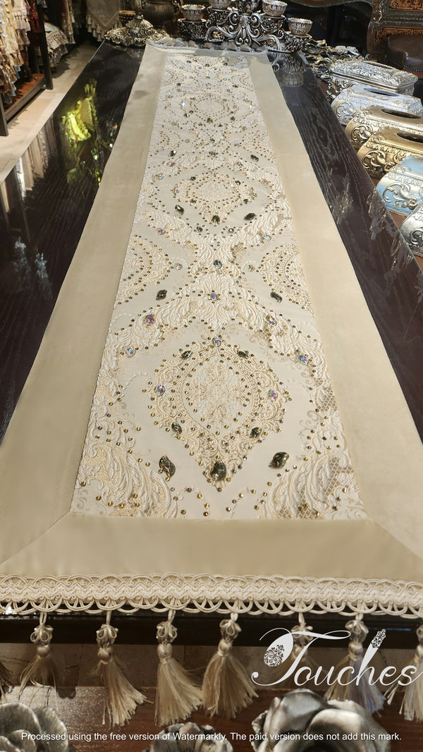 Luxurious Light Gold Beige Table Runner with Original Swarovski Crystals – 220cm x 47cm