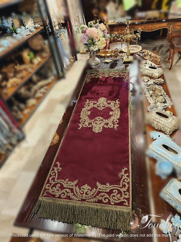 Handcrafted Burgundy Table Runner with Bronze Silk Embroidery – 185cm x 48cm